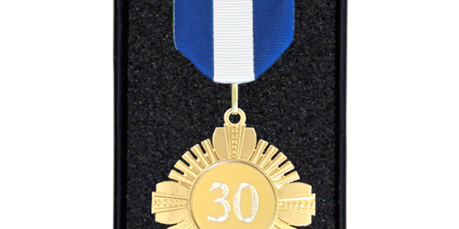 Fortjenstmedalje sæt med Blå/hvid/Blå bånd, inkl. gravering