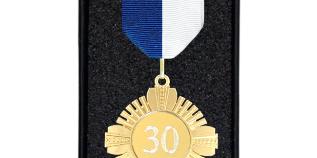 Fortjenstmedalje sæt med Blå/Hvid bånd, inkl. gravering