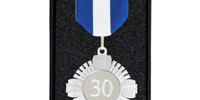Fortjenstmedalje sæt med Blå/hvid/Blå bånd, inkl. gravering